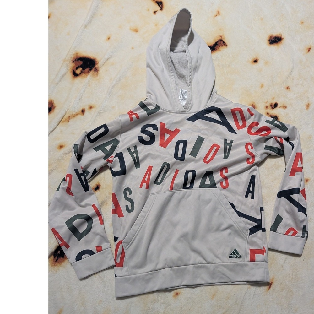 Adidas Kids XL 18/20 Gray All Over Print Logo‎ Hoodie AA7642 HCM077